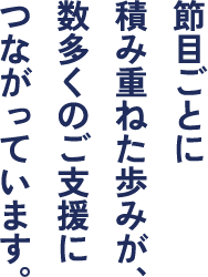 節目ごとに積み重ねた歩みが、数多くのご支援につながっています。